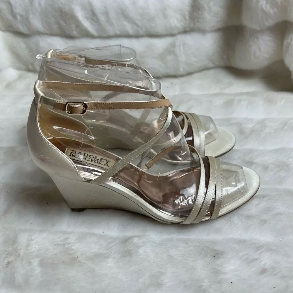 Bradley Mischka Satin Beige wedge ankle strap sandals size 7.5